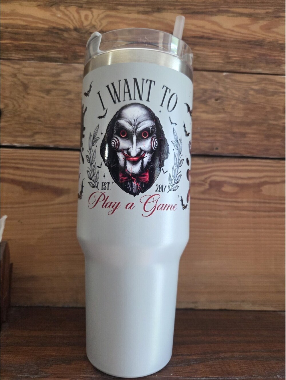 Billy The puppet from Saw want to play a game 40oz tumblr with handle, Lid straw